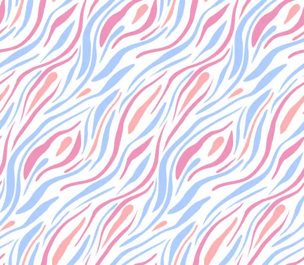 Vector illustration of Abstract gentle zebra skin texture. Vector seamless pattern with hand drawn pink and blue stripes on white background. Trendy background