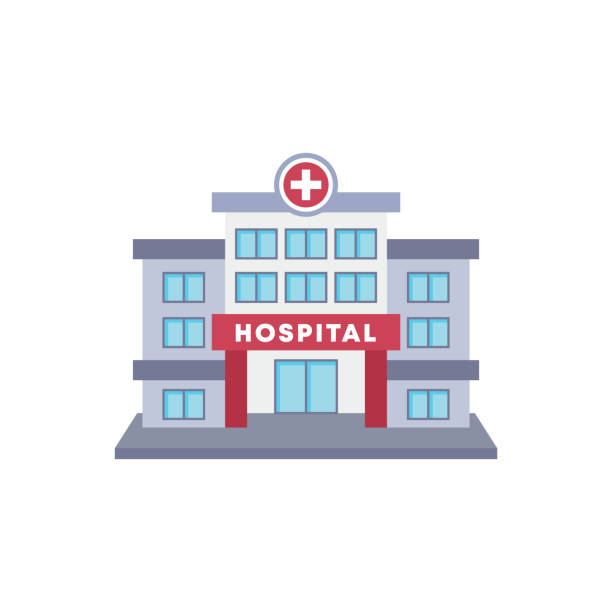 ilustraciones, imágenes clip art, dibujos animados e iconos de stock de ilustración vectorial de edificio hospitalario en diseño de estilo plano - edificio hospital