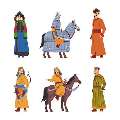Mongol Nomad Characters in Traditional Clothing Vector Set. Central Asian Historical Conqueror