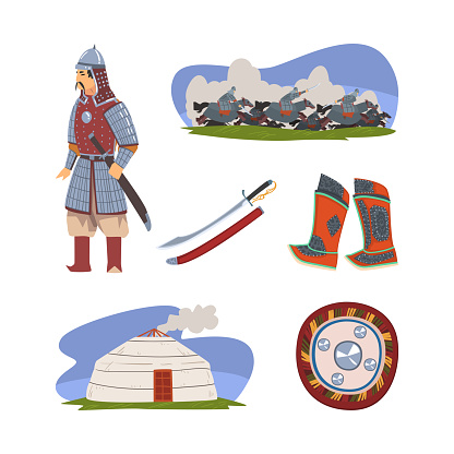 Mongol Nomad Character in Traditional Clothing with Yurt Dwelling, Boots and Shield Vector Set. Central Asian Historical Conqueror