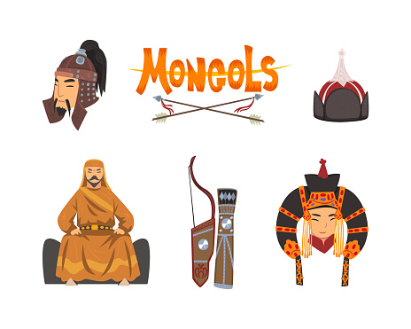 Mongol Nomad Characters in Traditional Clothing with Quiver with Bow and Headdress Vector Set. Central Asian Historical Conqueror