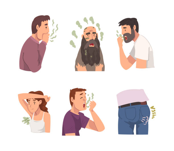 ilustraciones, imágenes clip art, dibujos animados e iconos de stock de personaje apestoso de hombre y mujer que tiene mal olor de su ropa, boca y axila conjunto de vectores - peer to peer illustrations