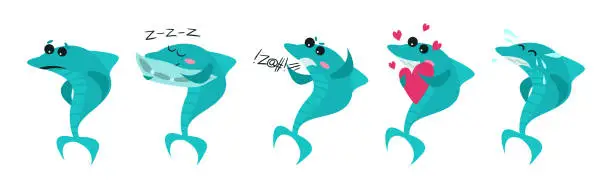 Vector illustration of Humanized Shark Showing Different Emotion Vector Set