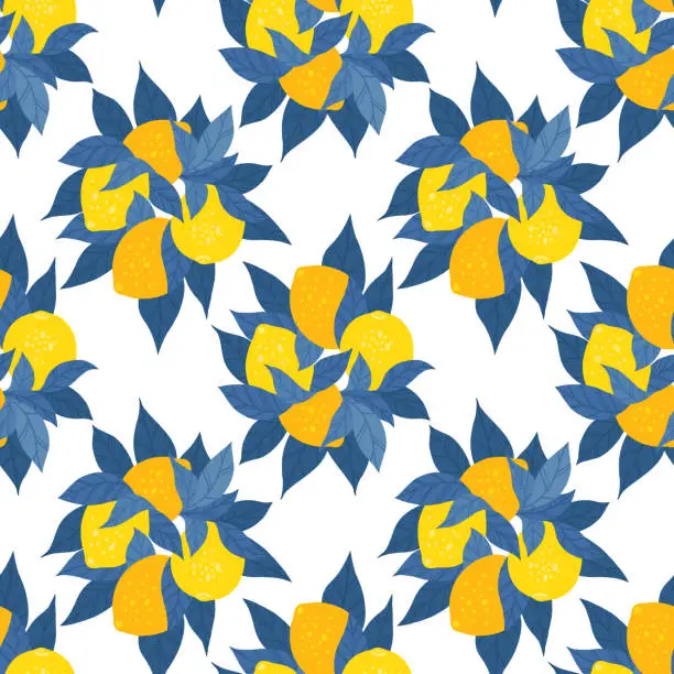 Vector illustration of Modern texture with bush of hand drawn flat citrus fruits with leaves. Vector seamless pattern with bunch of lemons with blue foliage