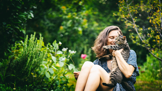 Young cheerful smiling woman holding in her arms a cute gray cat sitting on the grass in a summer