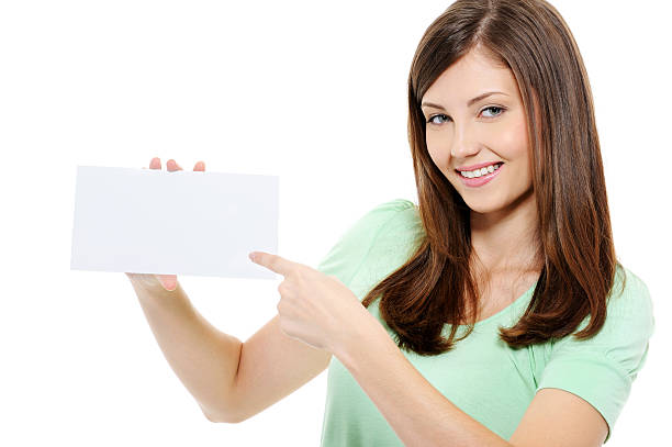 istock Young beauty woman pointing on the blank card 152493701