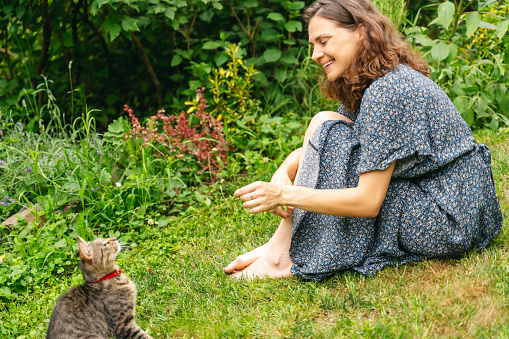 Young cheerful smiling woman in a summer dress plays with a gray cat sitting on the grass in a summer garden