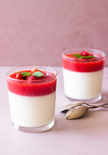 Panna Cotta with strawberries and mint. Dessert. Vegetarian food