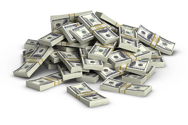 Cartoon of 100 dollar bill stacks piled on top of each other stock photo