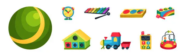 Vector illustration of Colorful Children Toys for Playing in Kindergarten or Playroom Vector Set