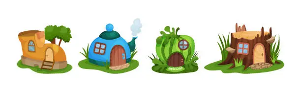 Vector illustration of Fairy Garden Houses Rested on Green Lawn Vector Set