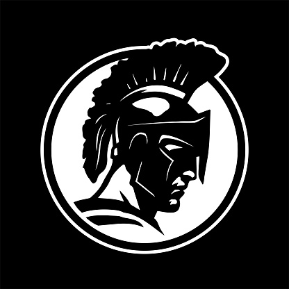 Round spartan warrior logo, emblem on a dark background.