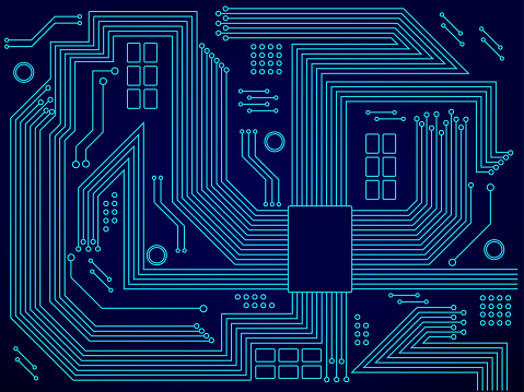 High-tech technology background texture. Abstract technology circuit board in blue neon. Digital Vector background for your design. Vector illustration EPS10.