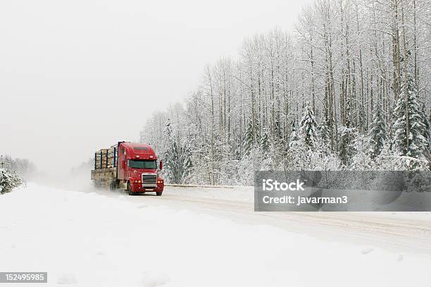 Red Truck On Winter Road Stock Photo - Download Image Now - Winter, Truck, Snow