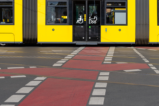 Low section view of tram on city street, Berlin Prenzlauer Berg