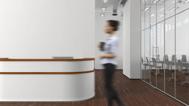 istock Blank white office wall mock up with office reception desk. 1524962267