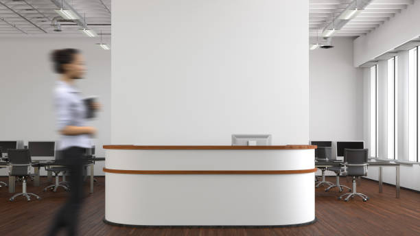 istock Blank white office wall mock up with office reception desk. 1524962778