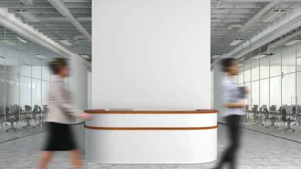 istock Blank white office wall mock up with office reception desk. 1524963298