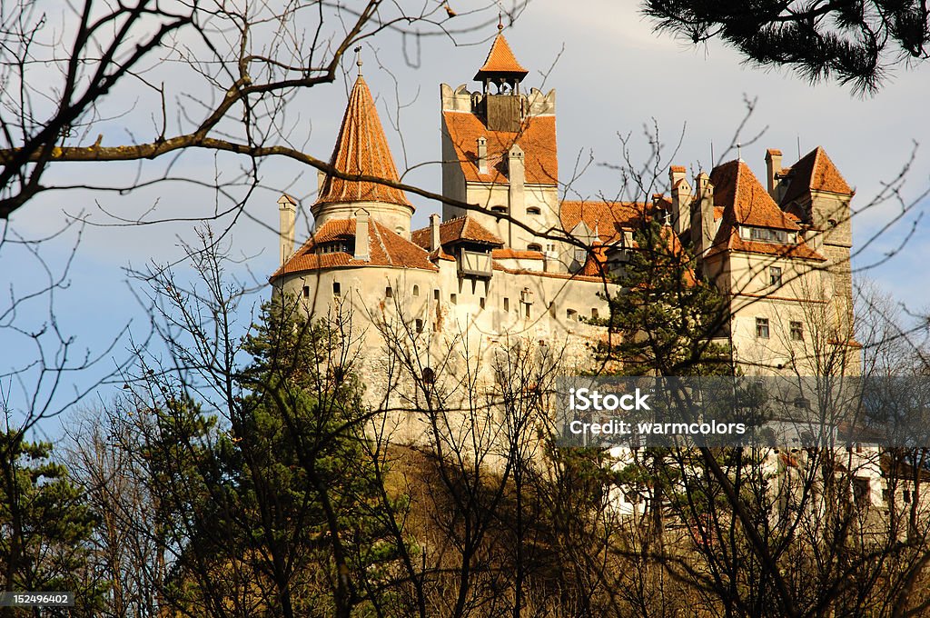 Dracula's Bran Castle viewed through the trees Original Dracula's Bran Castle in the light of sunset, RAW converted file with Nikon NX, no filters or other modifications ! Bran Castle Stock Photo