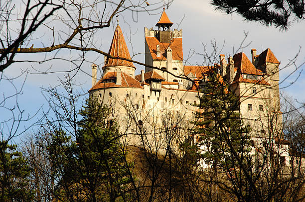 Dracula's Bran Castle viewed through the trees stock photo