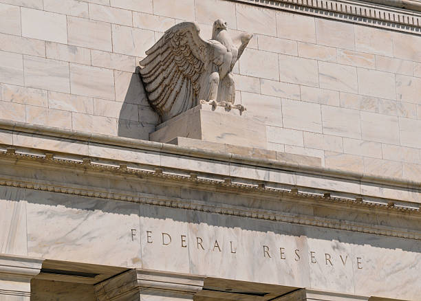Eagle carved in stone over federal reserve stock photo