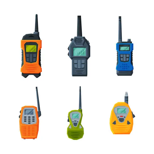 Vector illustration of Handheld Transceiver or Walkie-talkie as Portable Radio Device with Antenna Vector Set