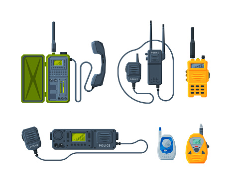 Handheld Transceiver or Walkie-talkie as Portable Radio Device with Antenna Vector Set. Telecommunication Equipment and Electronic Transmitter
