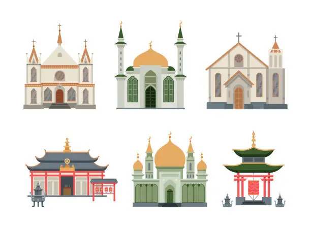 Vector illustration of Religious Buildings with Different Churches and Temples Facades Vector Set