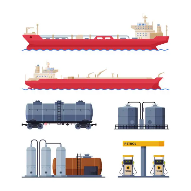 Vector illustration of Oil and Petrol Industry with Tanker, Cistern and Station Vector Set