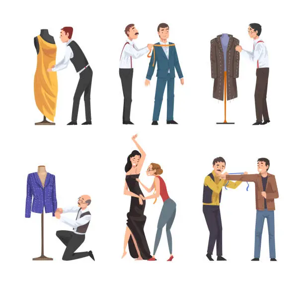 Vector illustration of Man and Woman Fashion Designer or Tailor Working with Fabric and Client Vector Set