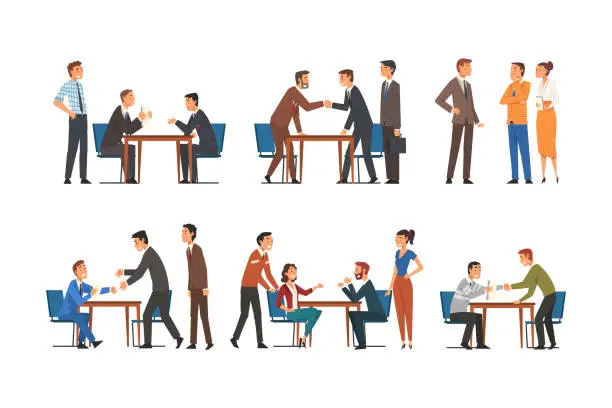 Vector illustration of Business Meeting in Office with People Character Deal Making and Handshaking Vector Set