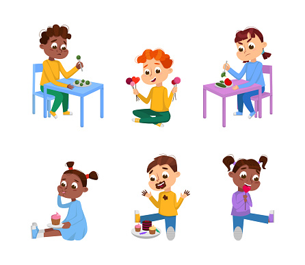 Kids Showing Food Likes and Dislikes Eating Healthy and Unhealthy Food Vector Set. Funny Little Boys and Girls Do Not Like Vegetables and Enjoying of Sweet and Desserts