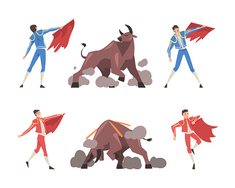 Bullfighting with Toreador Fighting with Furious Bull Vector Set. Male Picador Character Dressed in Red and Blue Costume as Spanish Corrida Traditional Performance