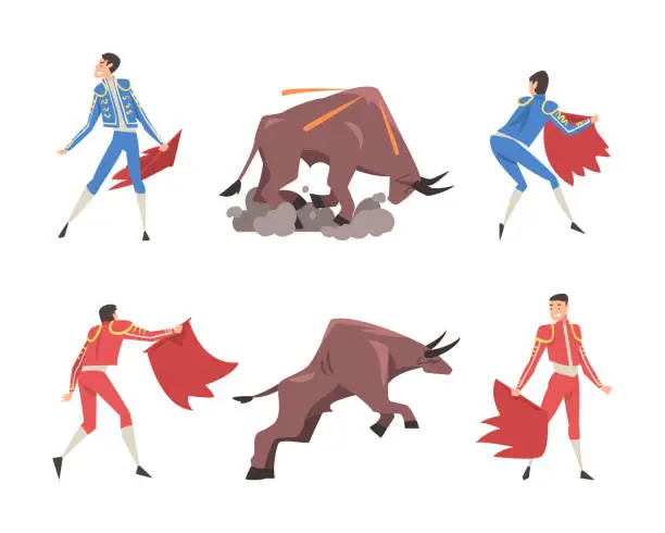 Vector illustration of Bullfighting with Toreador Fighting with Furious Bull Vector Set