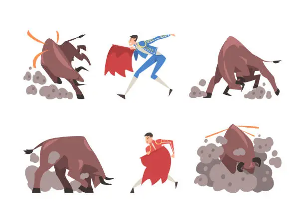 Vector illustration of Bullfighting with Toreador Fighting with Furious Bull Vector Set