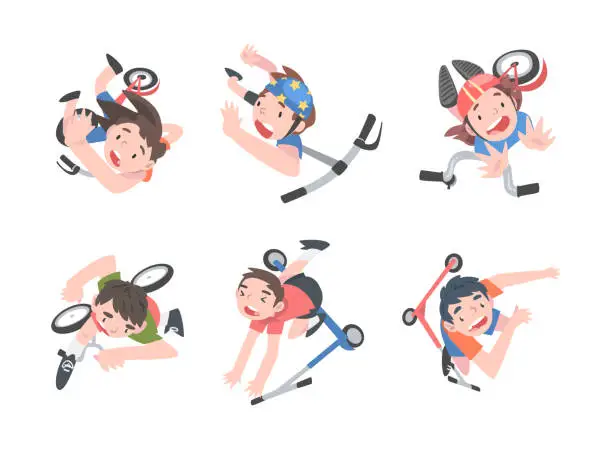 Vector illustration of Little Boy and Girl Falling Down from Scooter and Bike as Traumatic Situation Vector Set