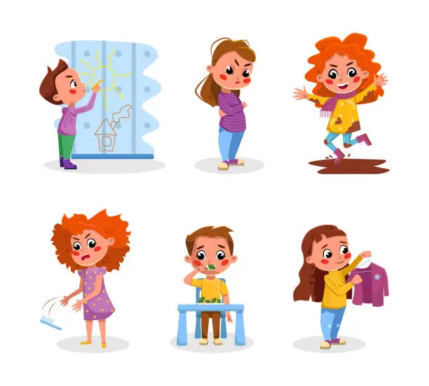 Vector illustration of Bad and Good Kids Behavior and Habits Vector Set