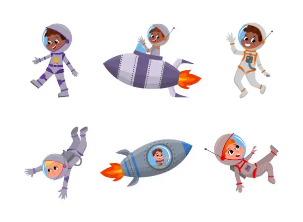 Vector illustration of Cute Kid Astronauts in Outer Space Riding Rocket or Spaceship Vector Set