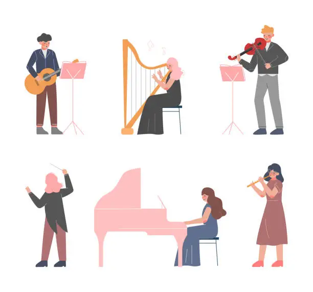 Vector illustration of Man and Woman Musician Character Playing Musical Instrument and Conducting Orchestra Vector Set