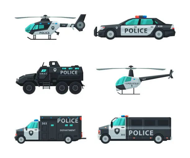 Vector illustration of Police Car and Enforcement Vehicle with Siren Side View Vector Set