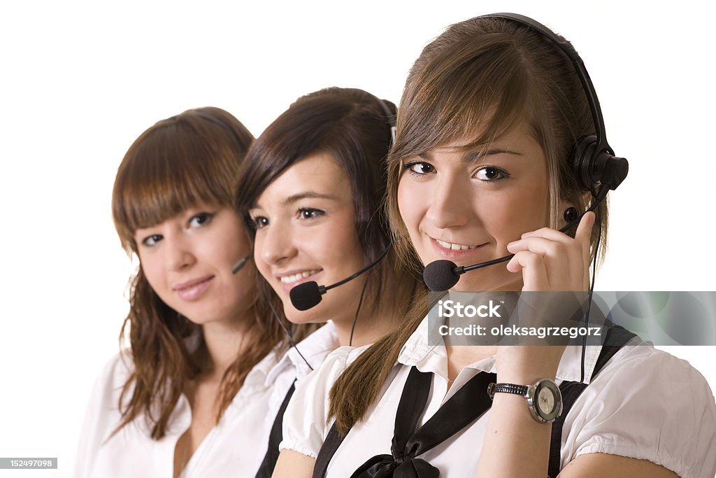 Happy call center empleados con auriculares - Foto de stock de 20-24 años libre de derechos