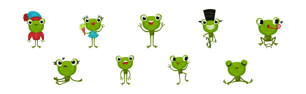 튀어나온 눈을 가진 재미있는 녹색 개구리는 다른 활동 벡터 세트에 참여 - frog catching fly water stock illustrations