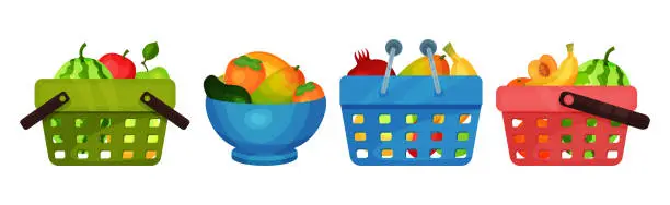 Vector illustration of Fresh Fruits in Basket and Bowl Vector Set