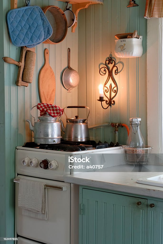 Old country-style kitchen with steel kettles Old Swedish kitchen, kettle on a stove. Sweden Stock Photo
