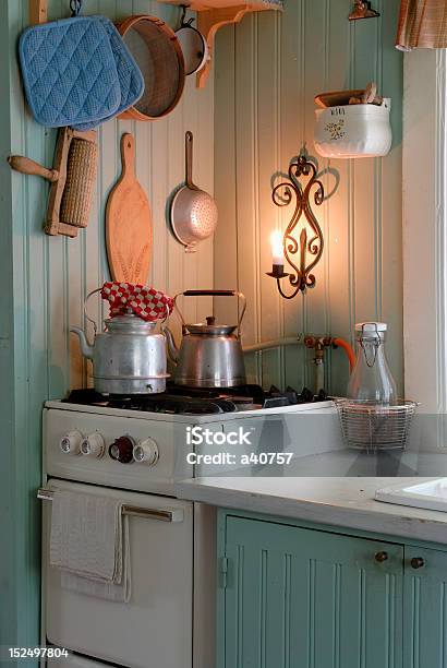 Old Countrystyle Kitchen With Steel Kettles Stock Photo - Download Image Now - Sweden, Antique, Black Color