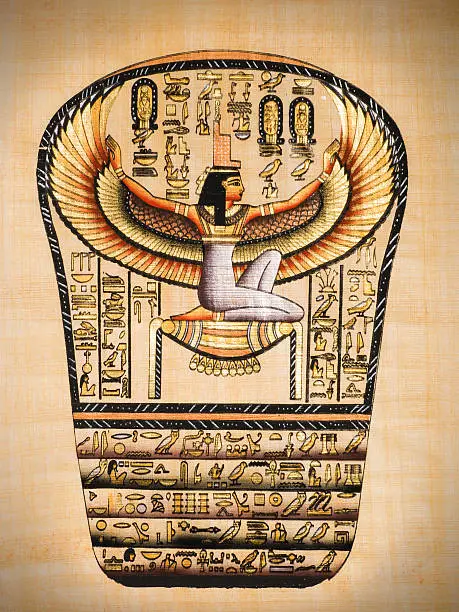Egyptian papyrus showing Isis, called as "Mather of gods". Vigneting