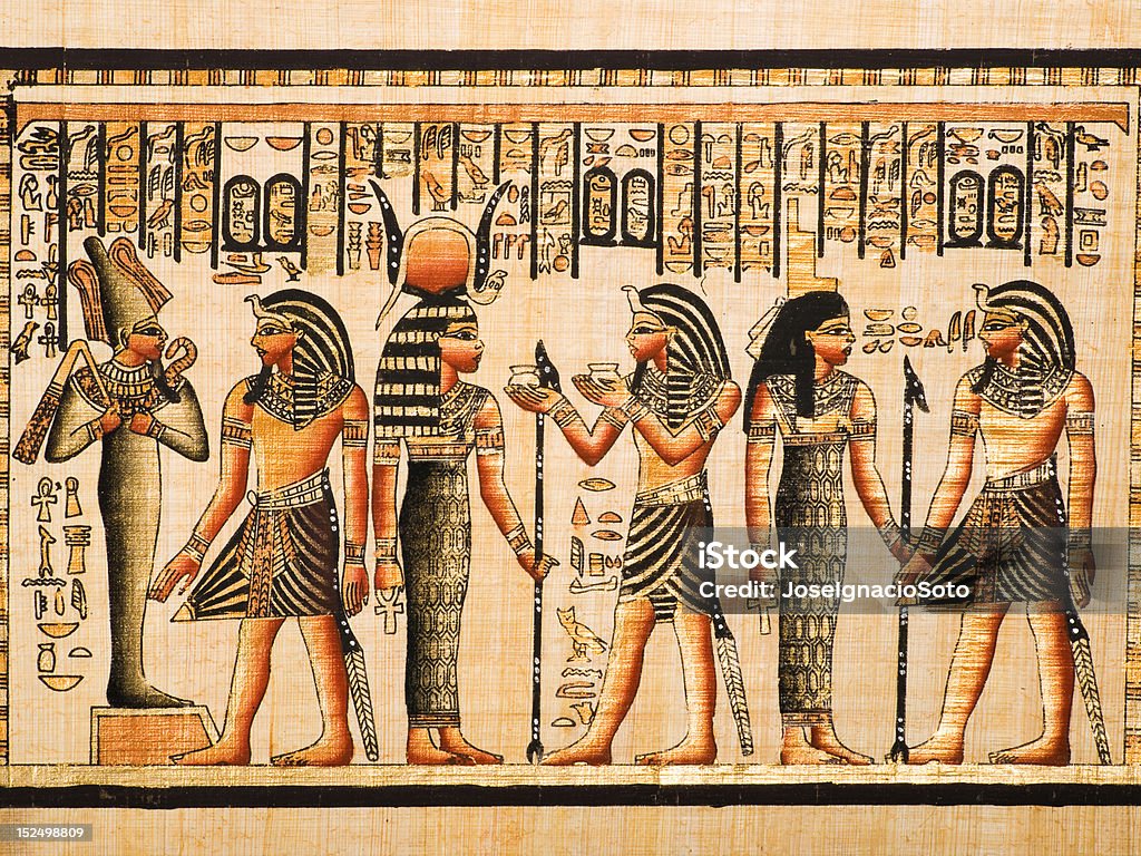 Tutancâmon, Osíris, Ísis e Hator em egípcia Papiro - Foto de stock de Egito royalty-free