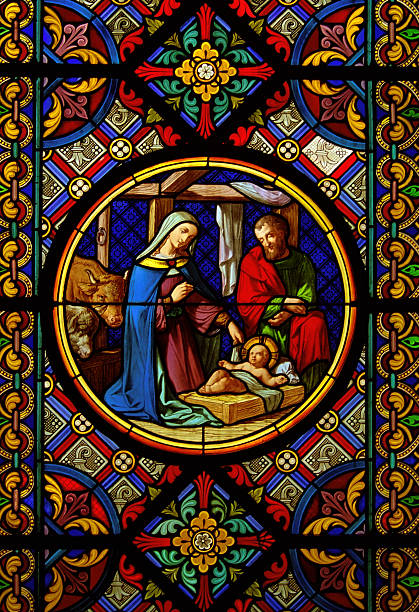Christmas nativity. Stained glass window stock photo
