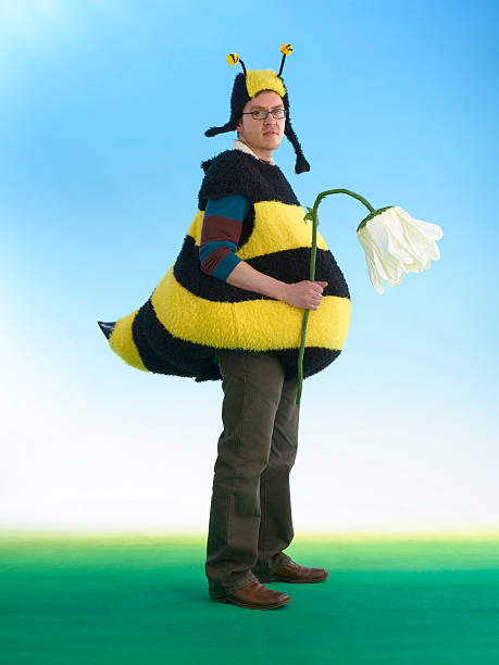 Disappointed Bee With Wilted Flower Studio photo of a man wearing home-made bee costume holding a wilted flower with disappointed look on his face for humorous effect. bee costume stock pictures, royalty-free photos & images