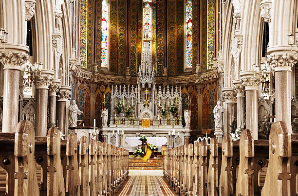Beautiful Easter altar inside Christian church stock photo